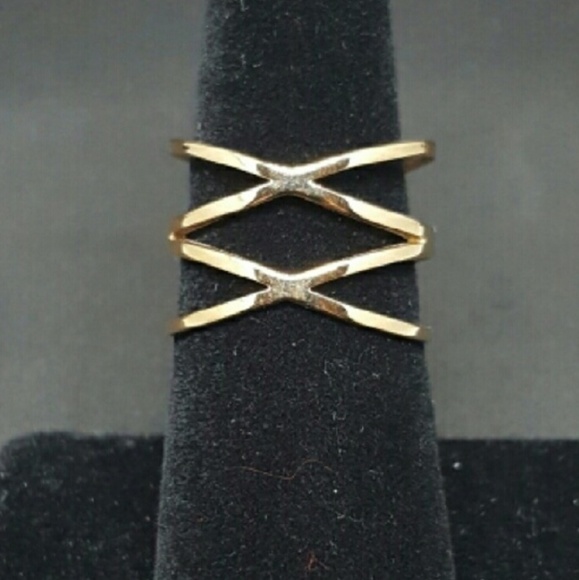 Hollow Stainless Steel Criss Cross Ring Gold - Picture 2 of 4